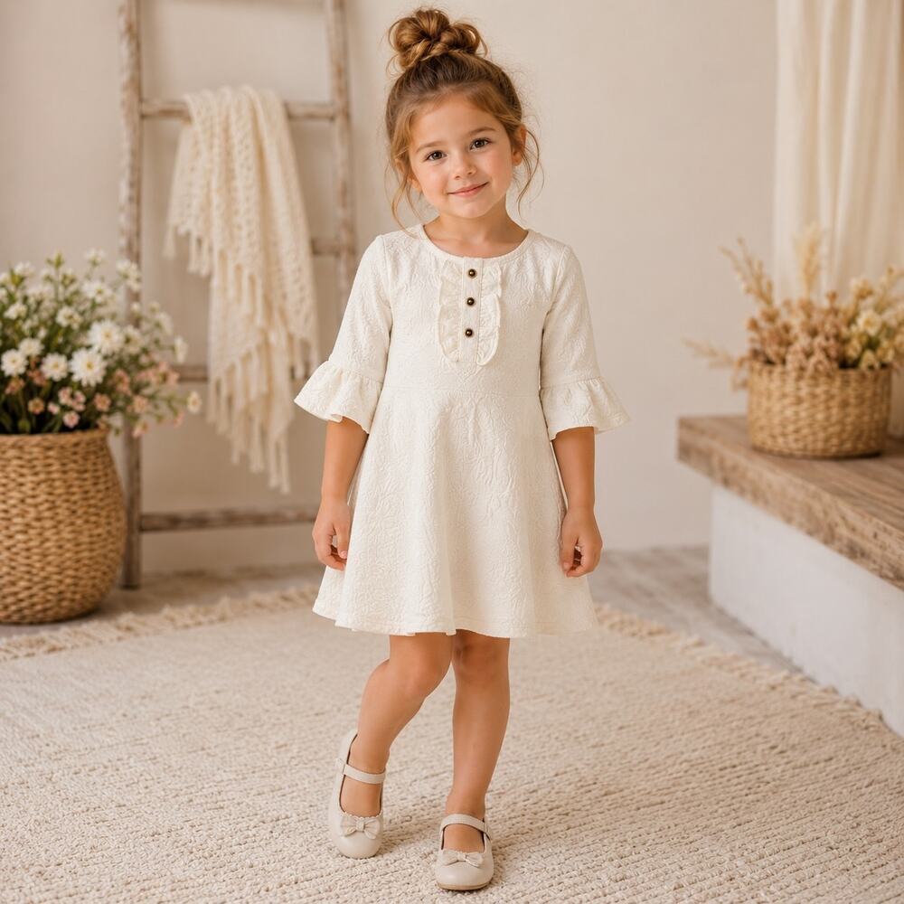 Janie & Jack Off White Quilted Knit Long Sleeve Dress 18 to 24 Months
